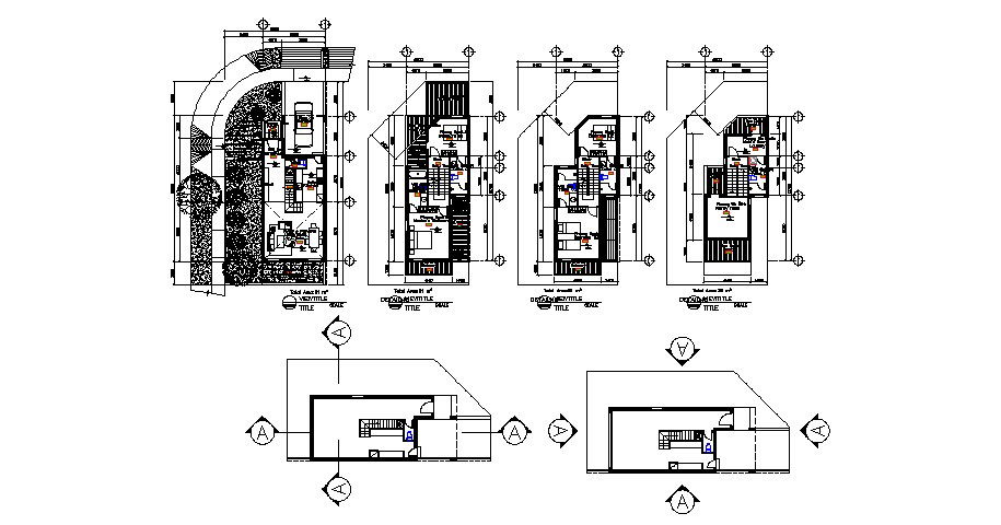 Floor distribution plan details of multi-family town house dwg file