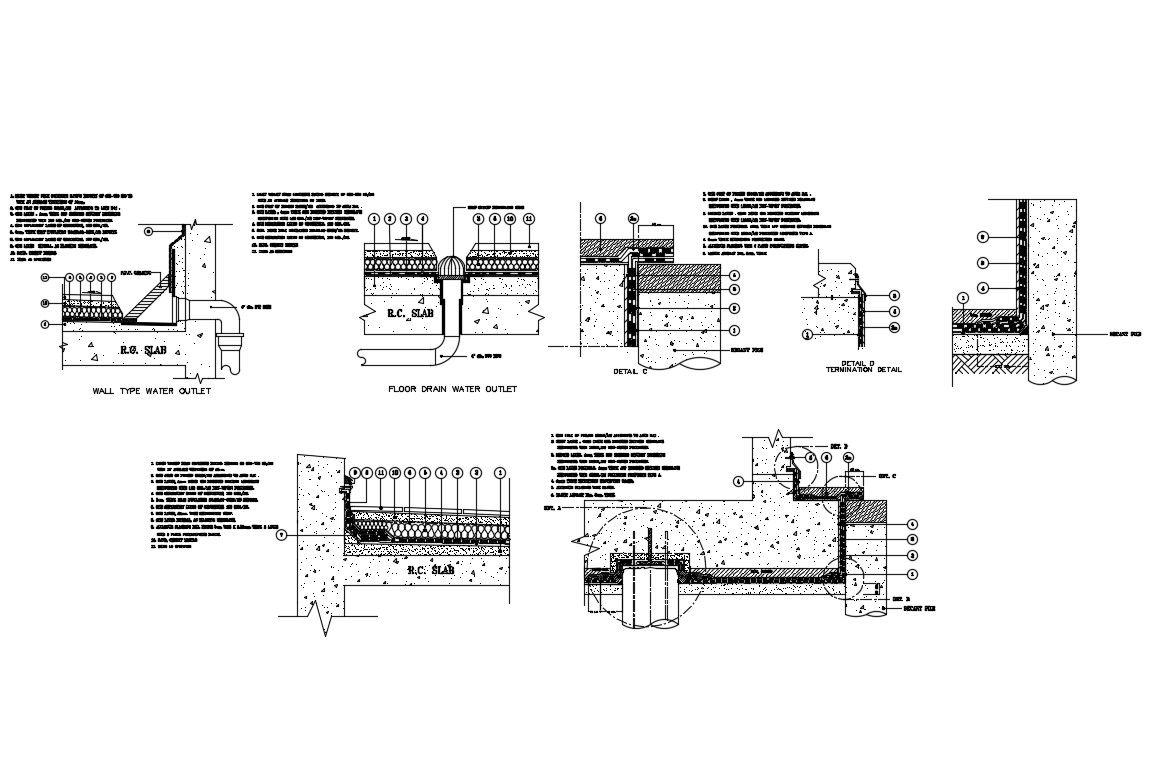 Floor drain water layout and rcc slab construction cad drawing details dwg file