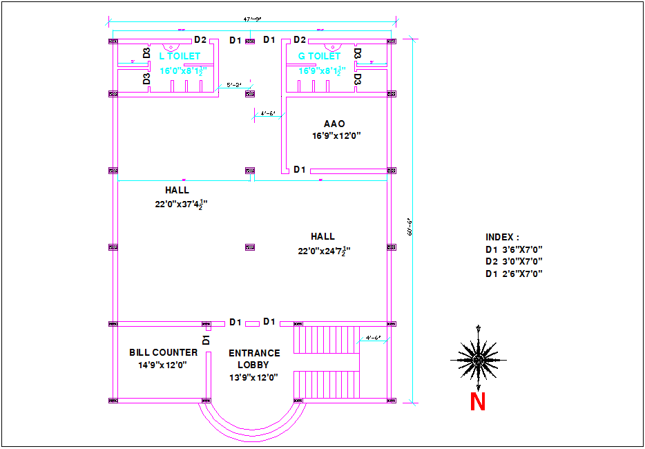 Floor pan of office with architectural view dwg file