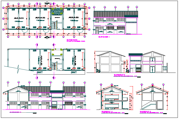 Floor plan,elevation and section view of collage dwg file