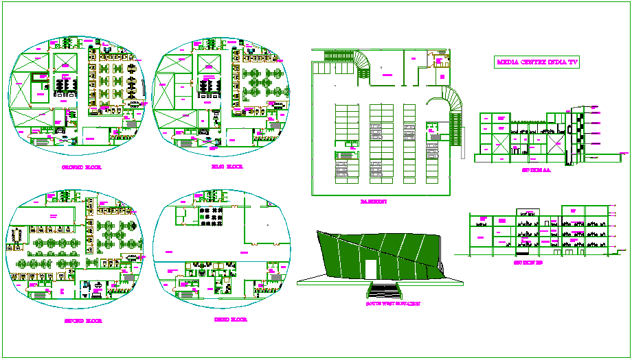Floor plan,elevation and section view of media center dwg file