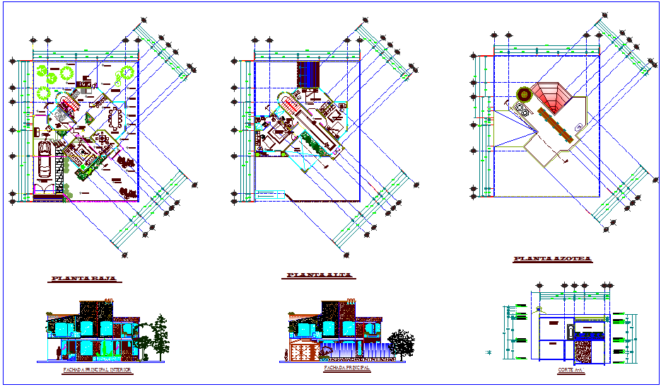 Floor plan,roof plan,elevation & section view for house design dwg file