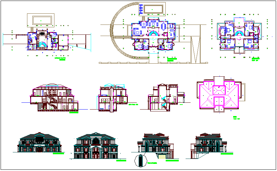 Floor plan,sectional view,elevation and roof plan view of bungalows dwg file