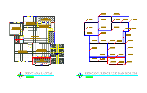 Floor plan and column plan of single family house design drawing