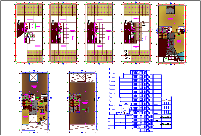 Floor plan and elevation of corporate building dwg file