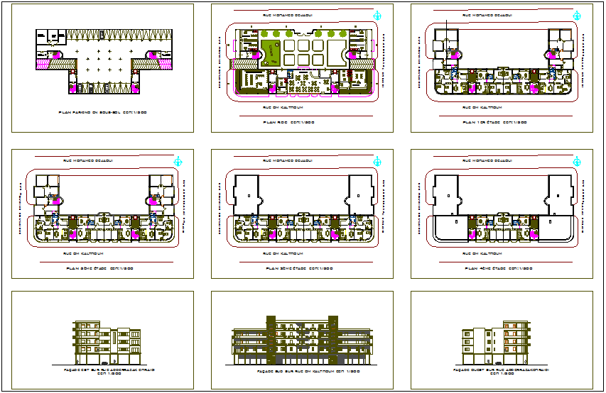 Floor plan and elevation of office building dwg file