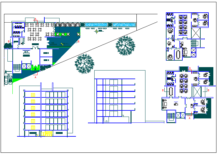 Floor plan and elevation view for administration building dwg file