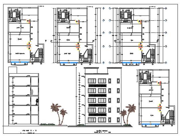 Floor plan and exterior elevation of a school dwg file