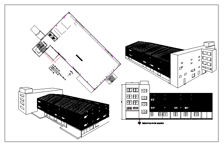Floor plan and exterior elevation of a warehouse dwg file