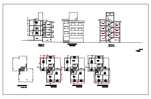 Floor plan and exterior elevation of row house dwg file