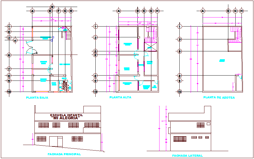 Floor & roof plan view with elevation, primary school dwg file