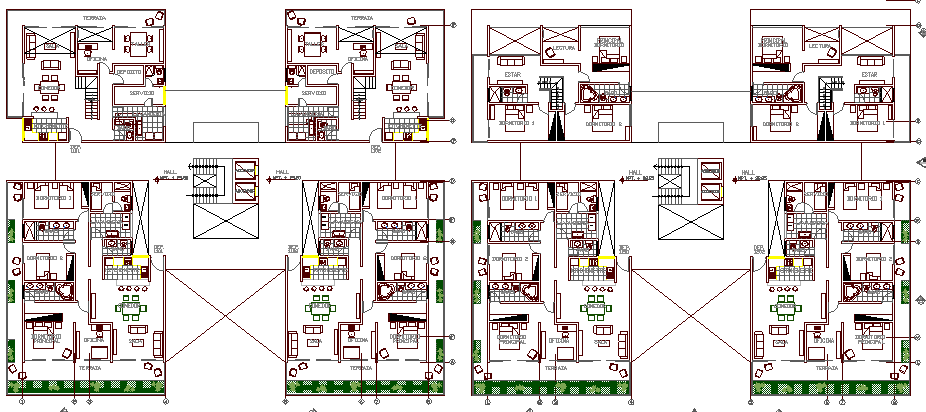 Floor plan and structural details of multi-family housing building dwg file