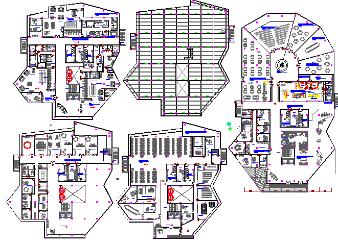 Floor plan details of all floors of convention center dwg file