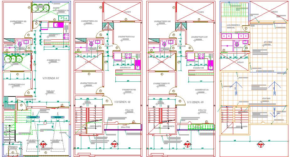Floor plan details of multi-family housing apartment flats dwg file