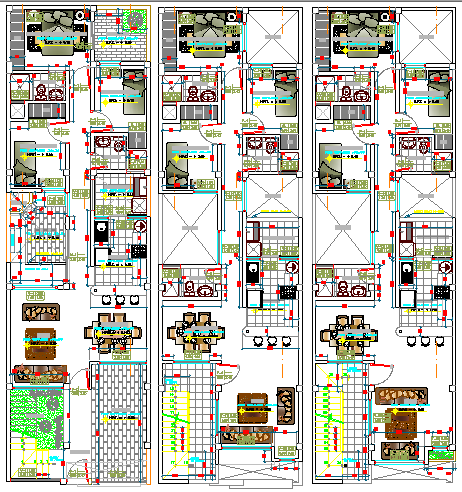 Floor plan details of multi-family housing building dwg file