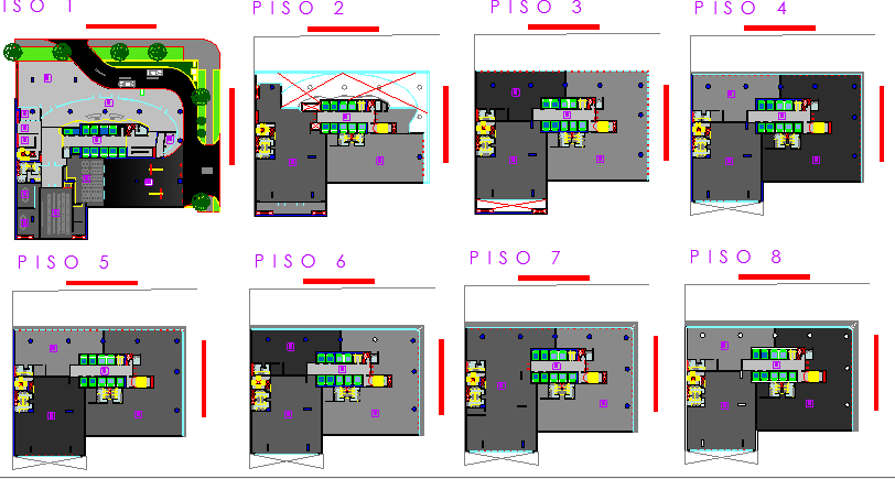 Floor plan details of multi-flooring corporate building dwg file