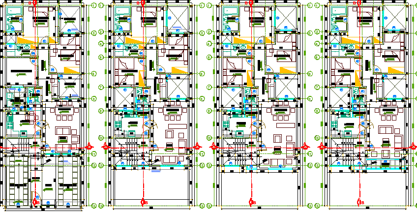 Floor plan details of multi-flooring housing building dwg file