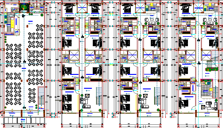 Floor plan details of multi-flooring housing building dwg file
