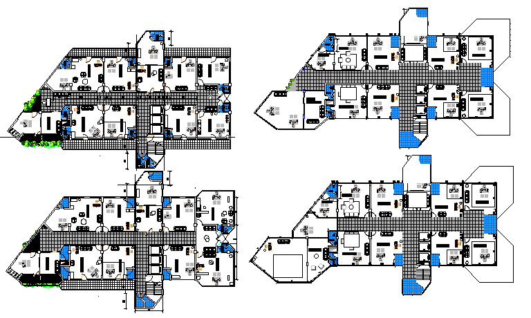 Floor plan details of multi-flooring office building dwg file