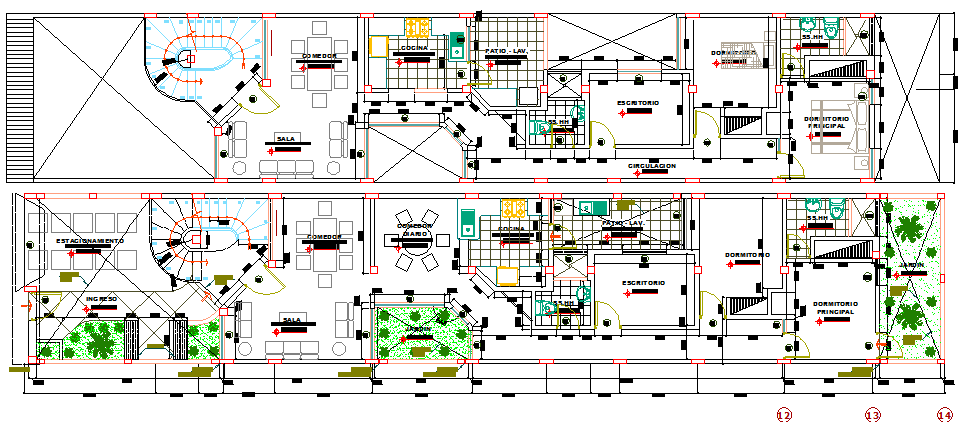 Floor plan details of multi-flooring residential building dwg file