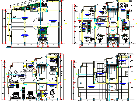 Floor plan details of three flooring bungalow dwg file