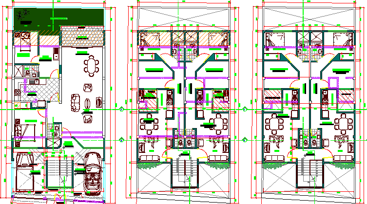 Floor plan details of three flooring bungalow project dwg file