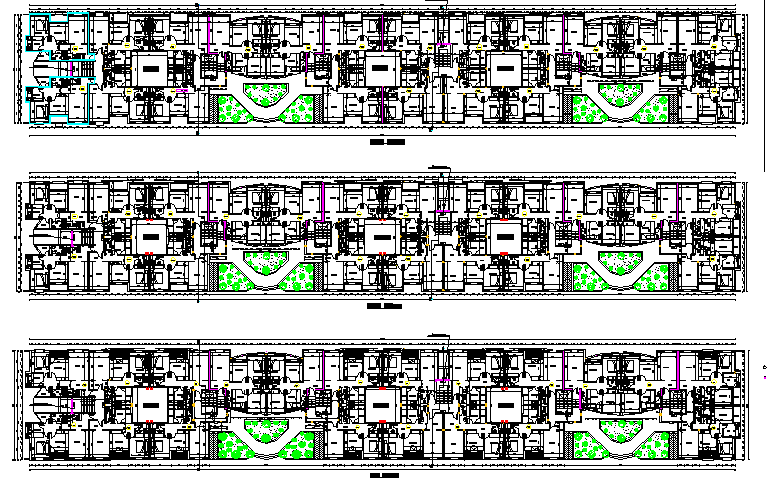 Floor plan details of three flooring corporate building dwg file