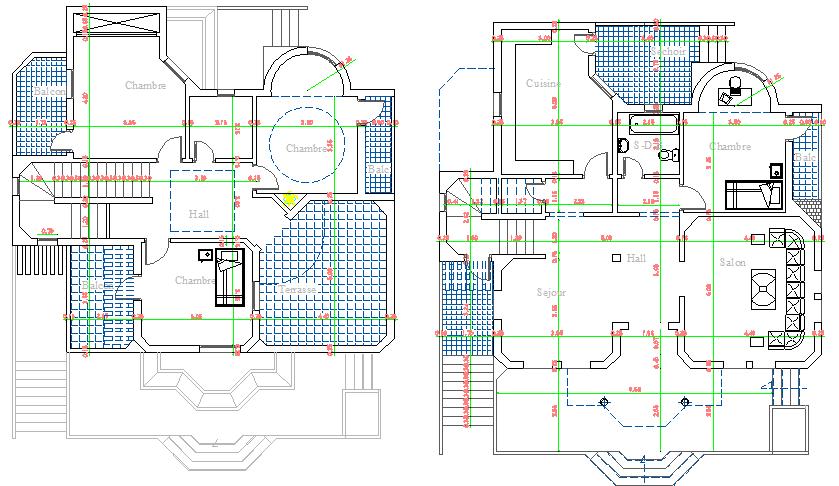 Floor plan details of two flooring modern bungalow dwg file