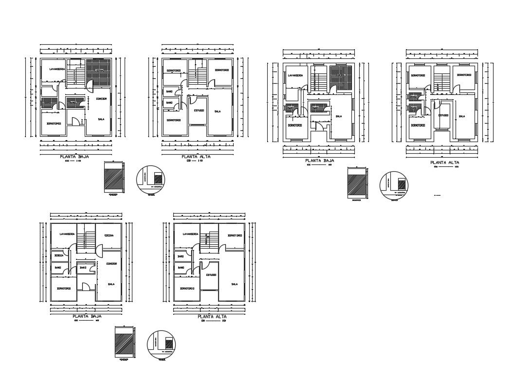 Floor plan details of two-level one family house dwg file