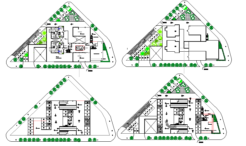 Floor plan details, landscaping of commercial housing building dwg file