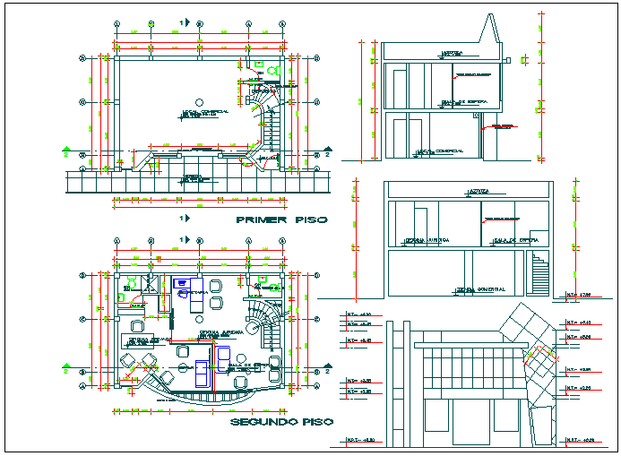 Floor plan elevation and section view of office building dwg file
