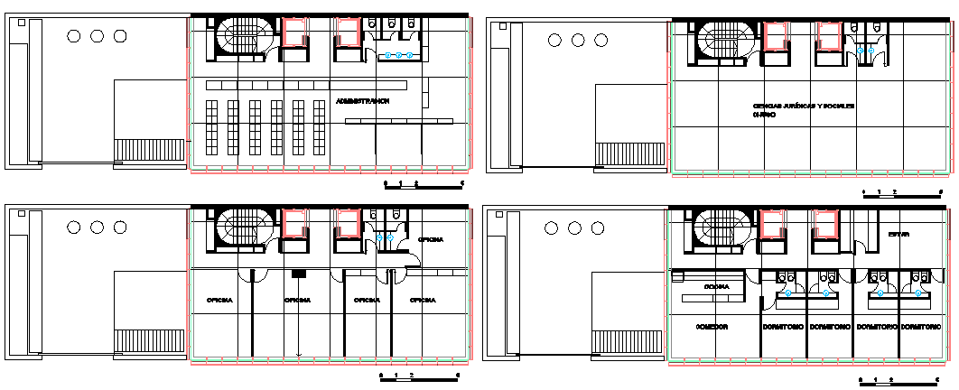 Floor plan layout details of administration building dwg file