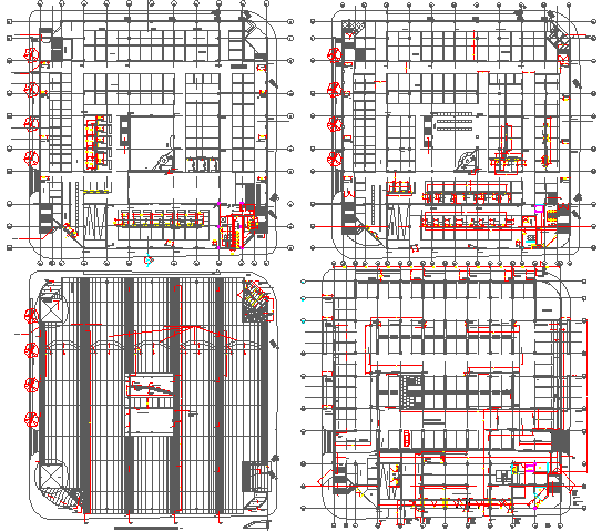 Floor plan layout details of four flooring shopping center dwg file