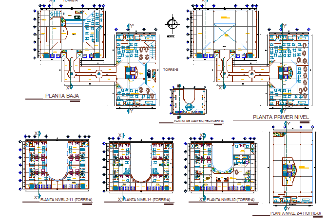 Floor plan layout details of multi flooring hotel dwg file