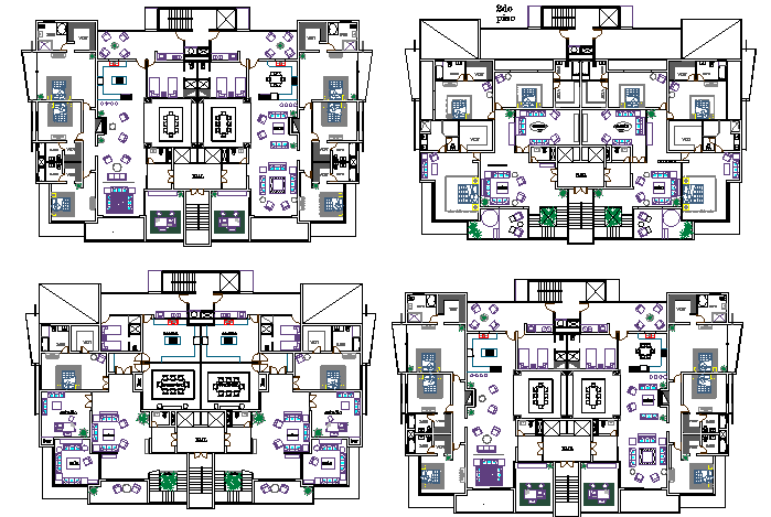Floor plan layout details of multi-flooring office tower building dwg file