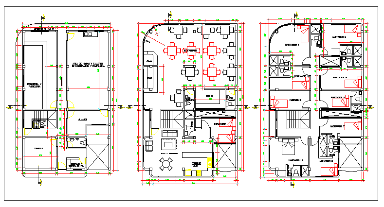 Floor plan layout of multi-flooring bungalow dwg file