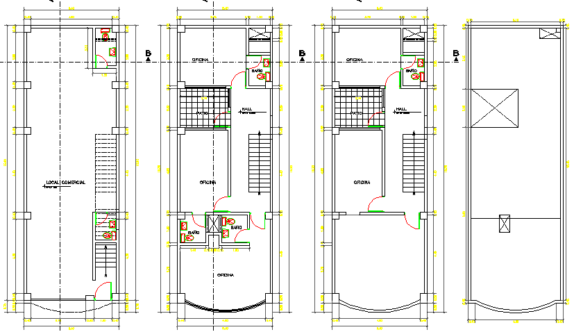 Floor plan layout of multi-flooring office building dwg file