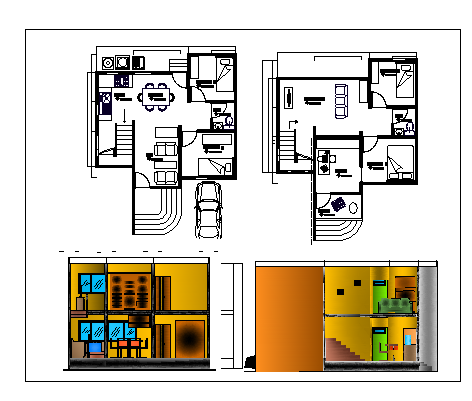 Floor plan of a bungalow with two bed rooms dwg file