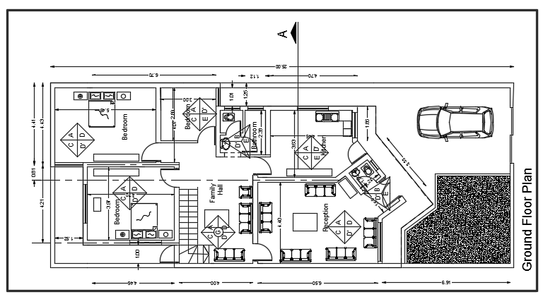 Floor plan of a house with three bed rooms dwg file