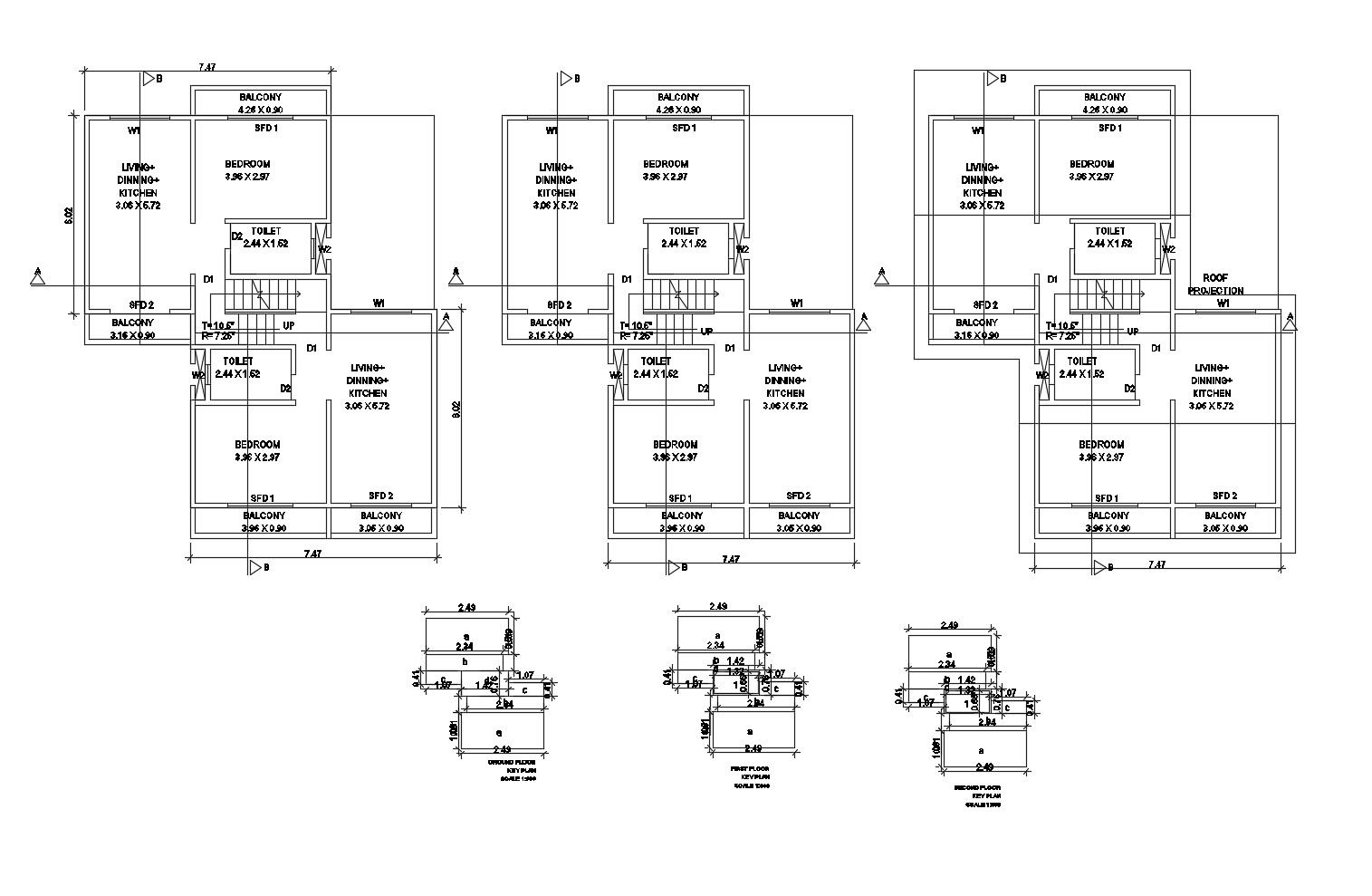 Floor plan of a row house with detail dimension in dwg file