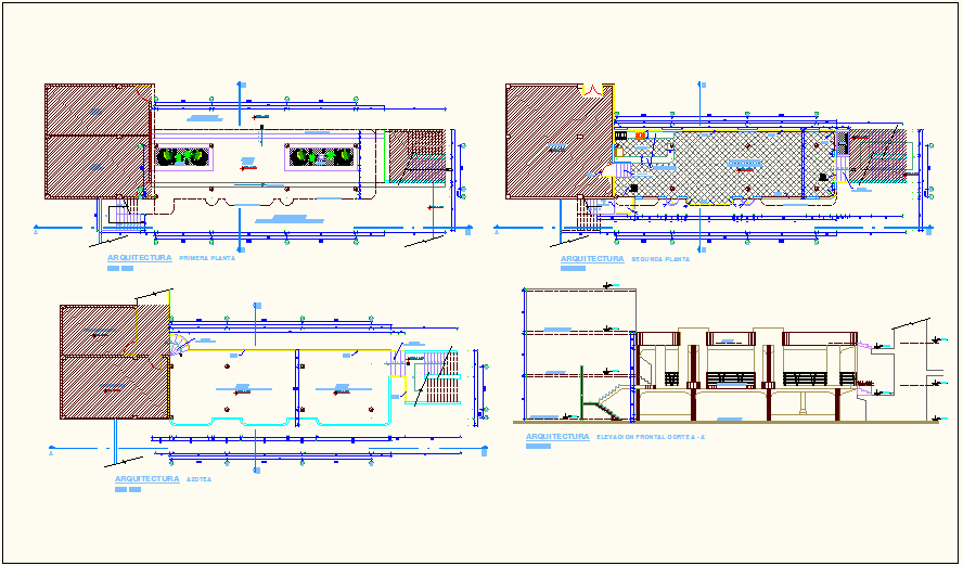 Floor plan of education center with sectional elevation view dwg file