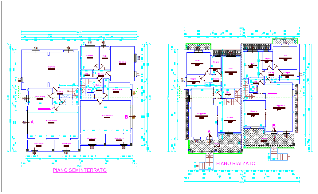 Floor plan of family house view dwg file