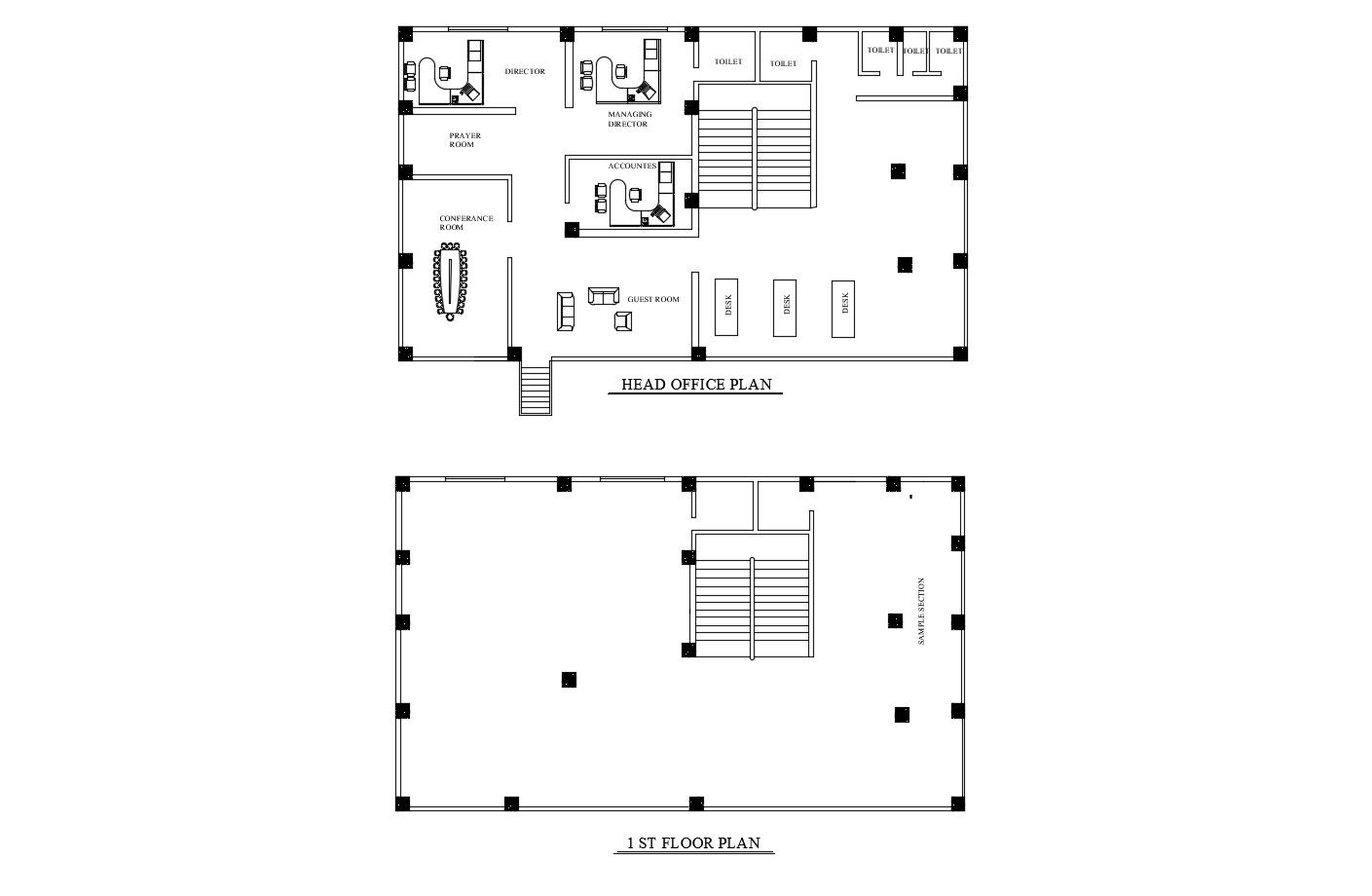 Floor plan of head office with furniture detail in AutoCAD