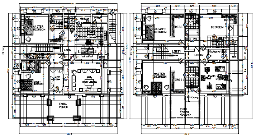 Floor plan of house 16.375mtr x 17.825mtr with detail dimension in AutoCAD