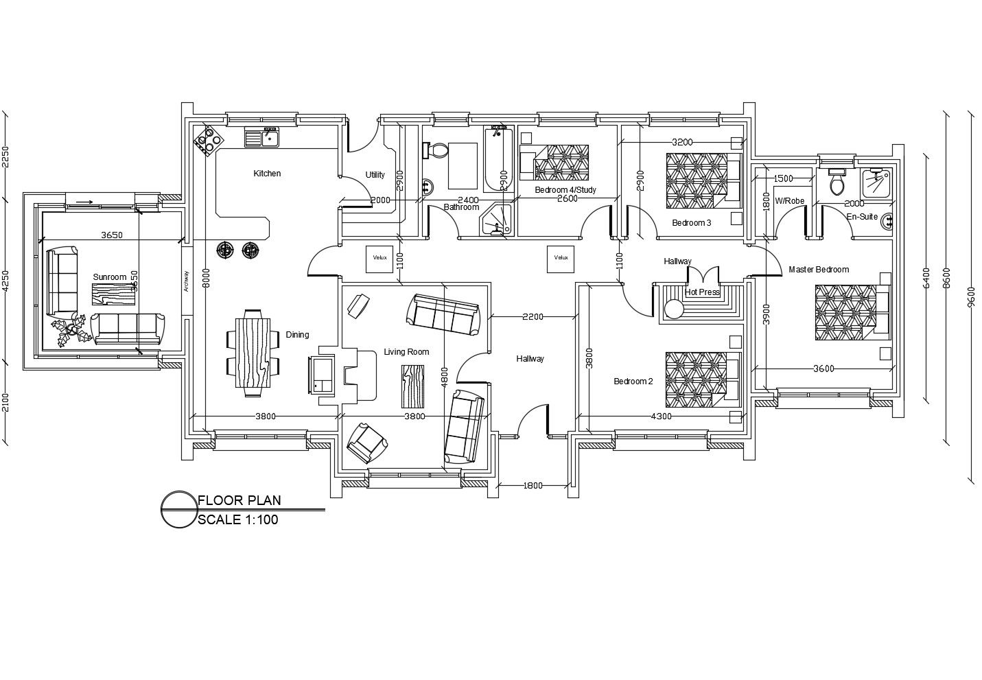 Floor plan of house 23.000mtr x 9.600mtr with furniture detail in AutoCAD