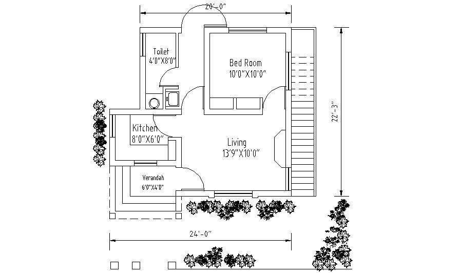 Floor plan of house 24'0'' x 22'3'' with detail dimension in dwg file