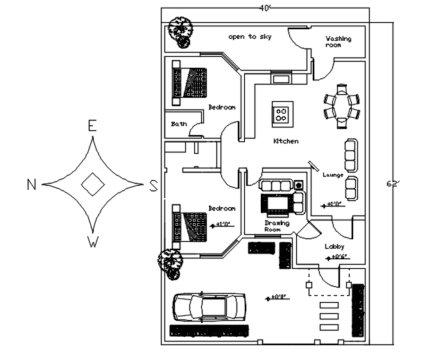 Floor plan of house 40' x 62' with furniture details in AutoCAD