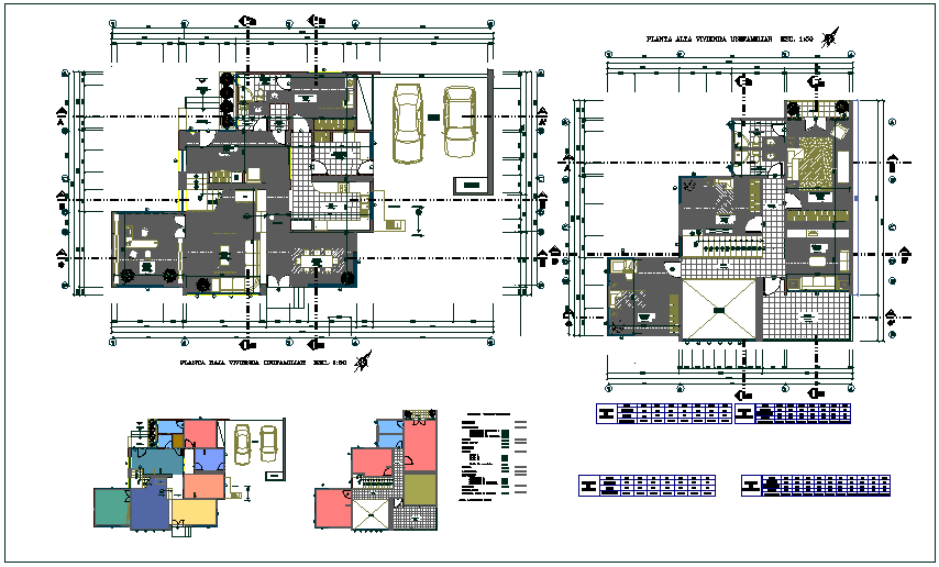 Floor plan of house with architectural view and door and window detail dwg file