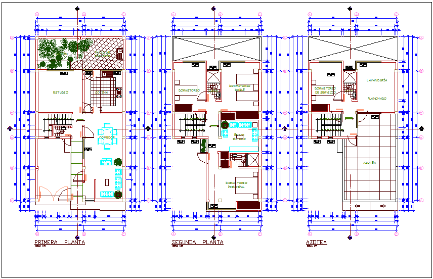 Floor plan of house with architectural view dwg file