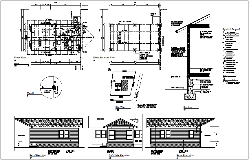 Floor plan of house with floor framing and front elevation dwg file
